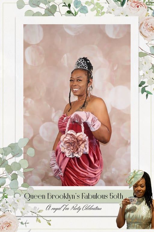A woman in a red strapless dress and gloves poses for a 50th birthday tea party invitation with a floral frame.