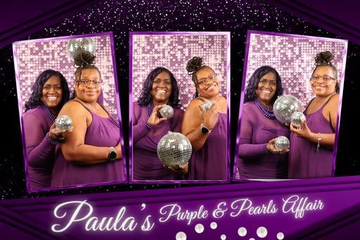 A triptych of two women in purple outfits holding disco balls against a purple glitter backdrop.