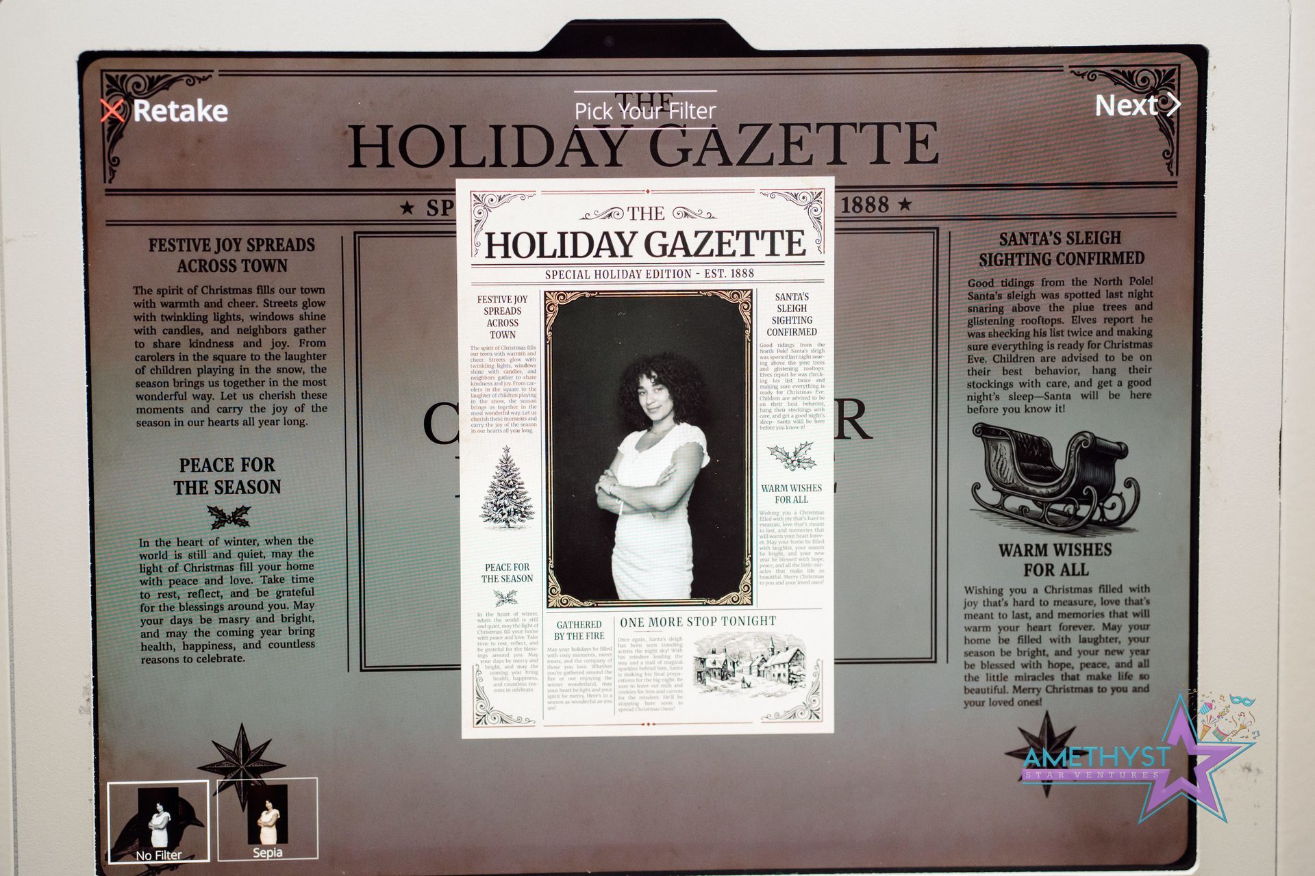 Holiday Gazette newspaper page with a central portrait and article columns on a gray background