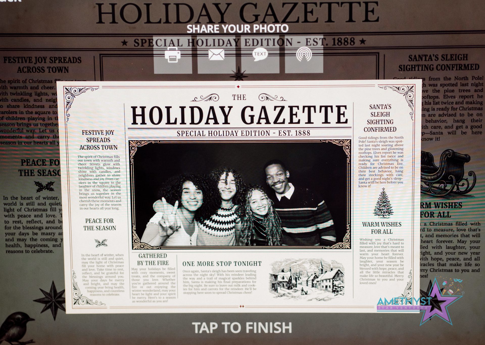 Holiday Gazette newspaper-style page with a black-and-white family photo centered on a vintage layout.