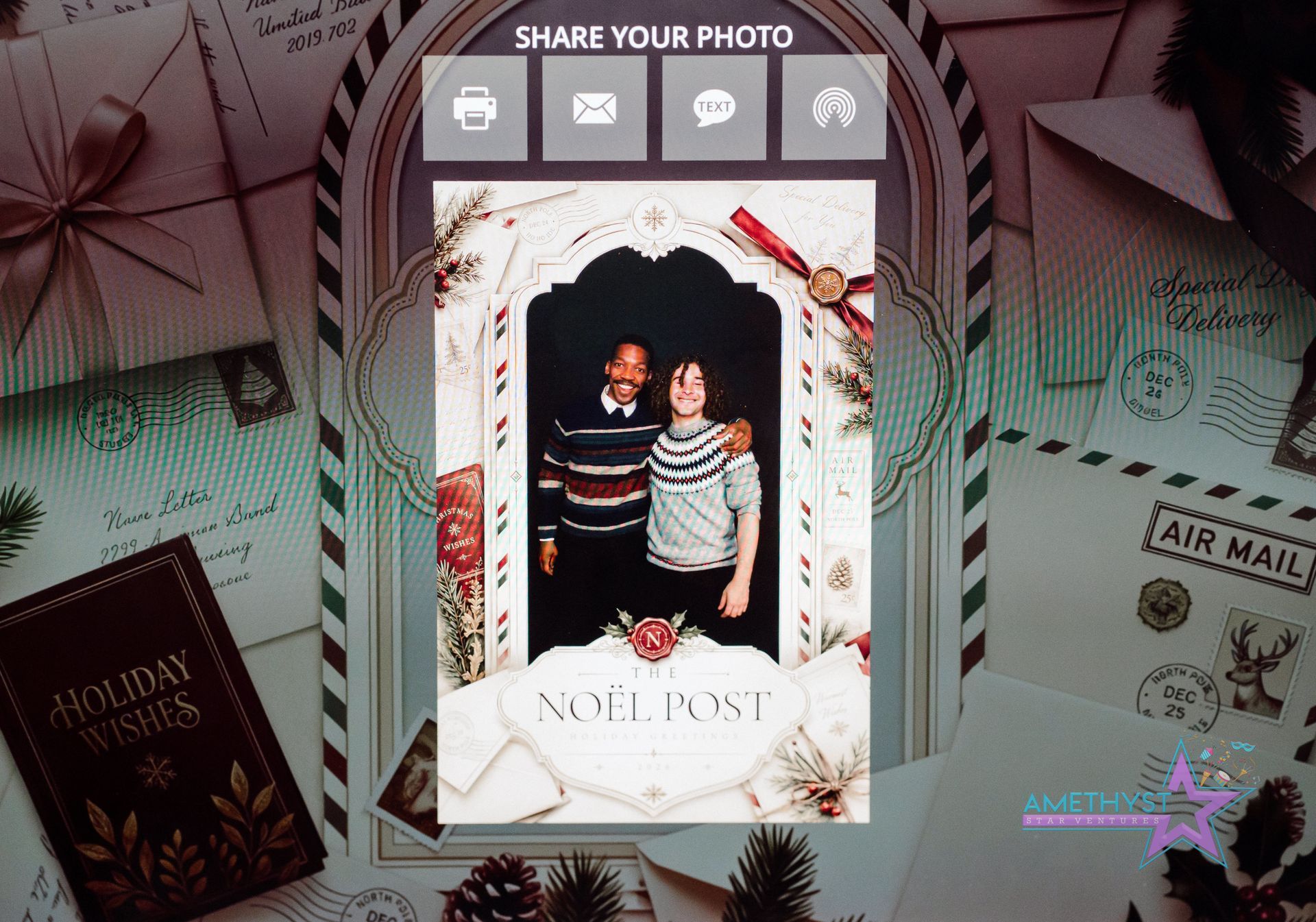 Holiday photo card with a framed portrait of two people, surrounded by festive mail-themed backgrounds.