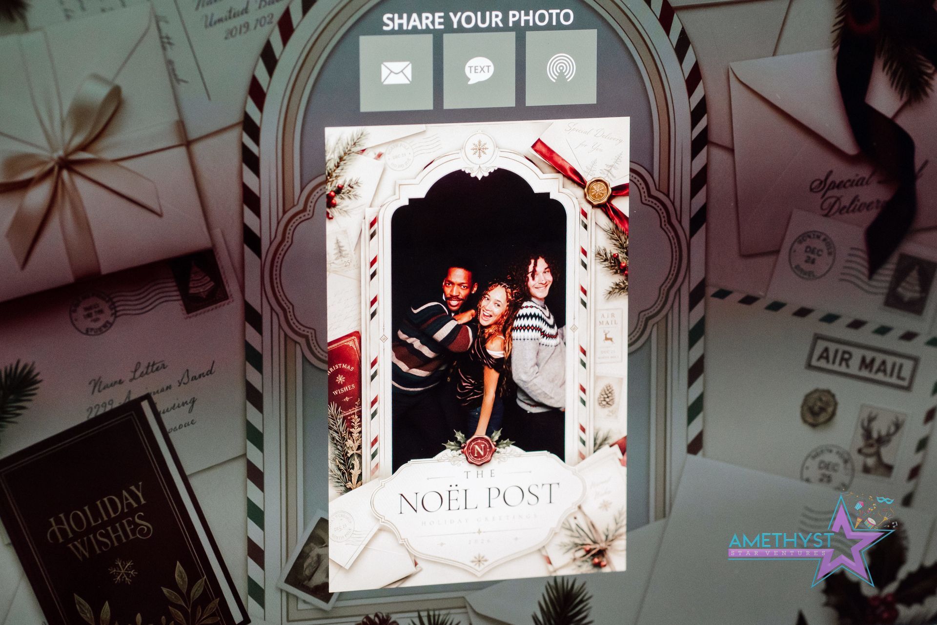 Decorated holiday photo frame with a small portrait, gift boxes, and a “share your photo” header