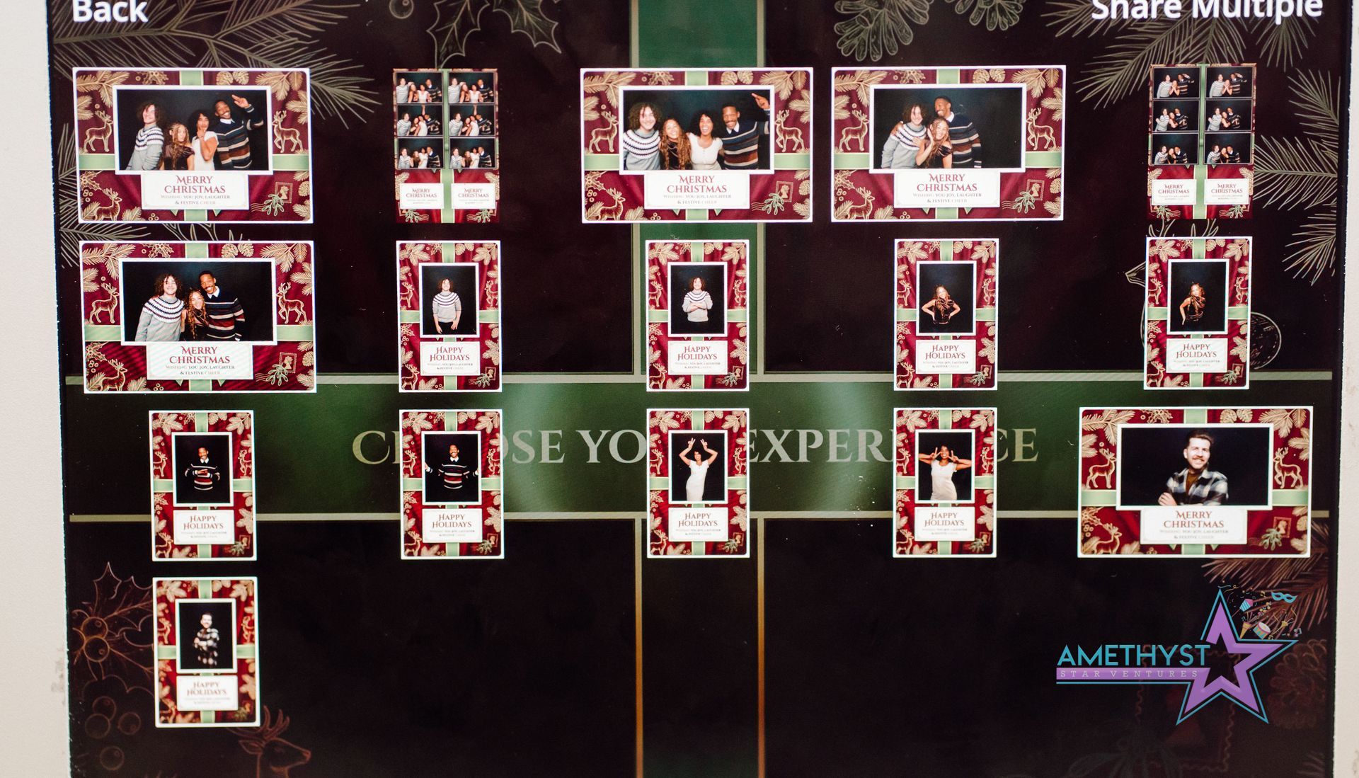 Collage of red-and-white framed photo templates on a dark background with “Back” and “Share Multiple” labels.