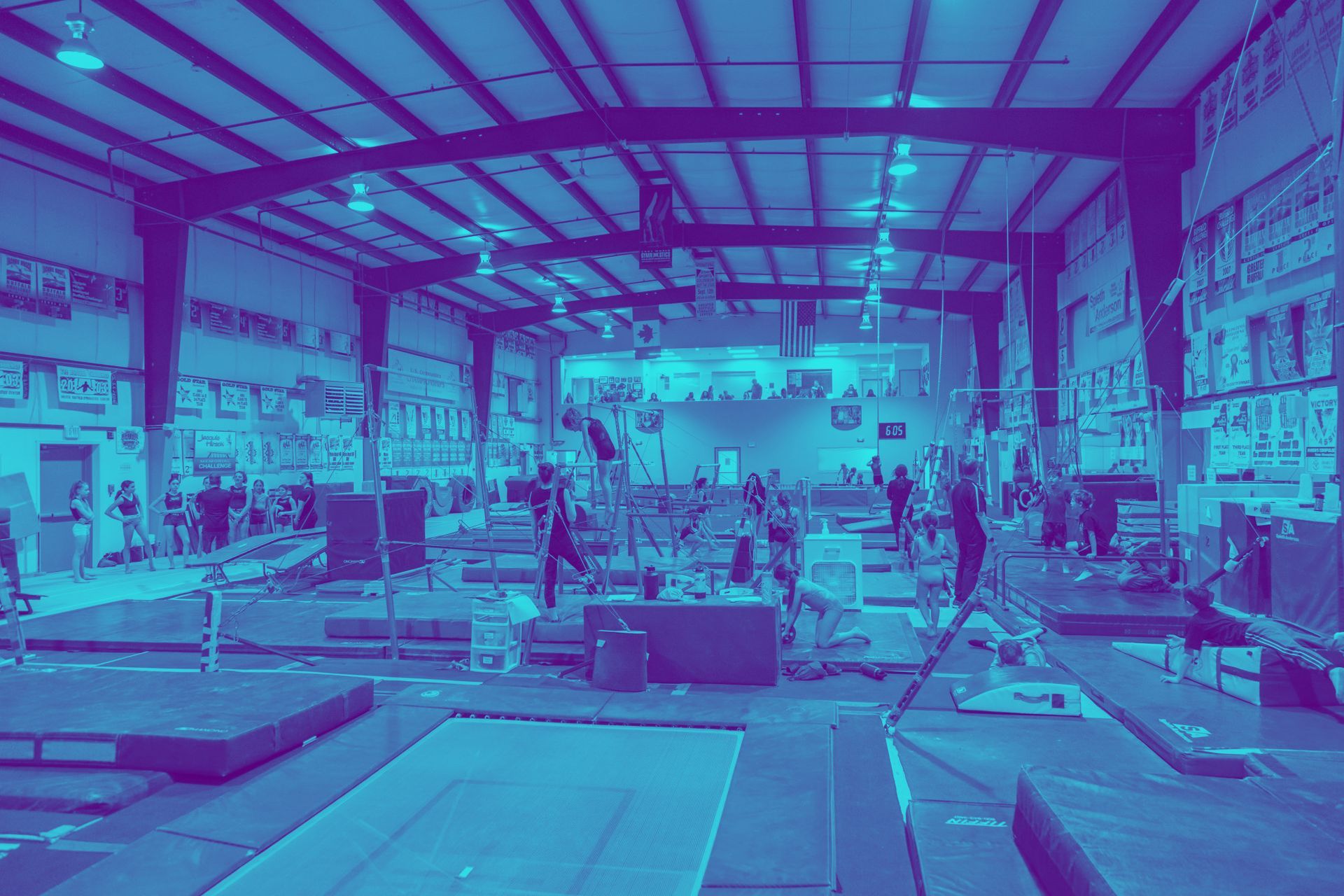 A blue and purple photo of a gym filled with people doing gymnastics.