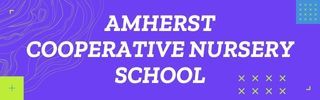 The logo for amherst cooperative nursery school is on a purple background.