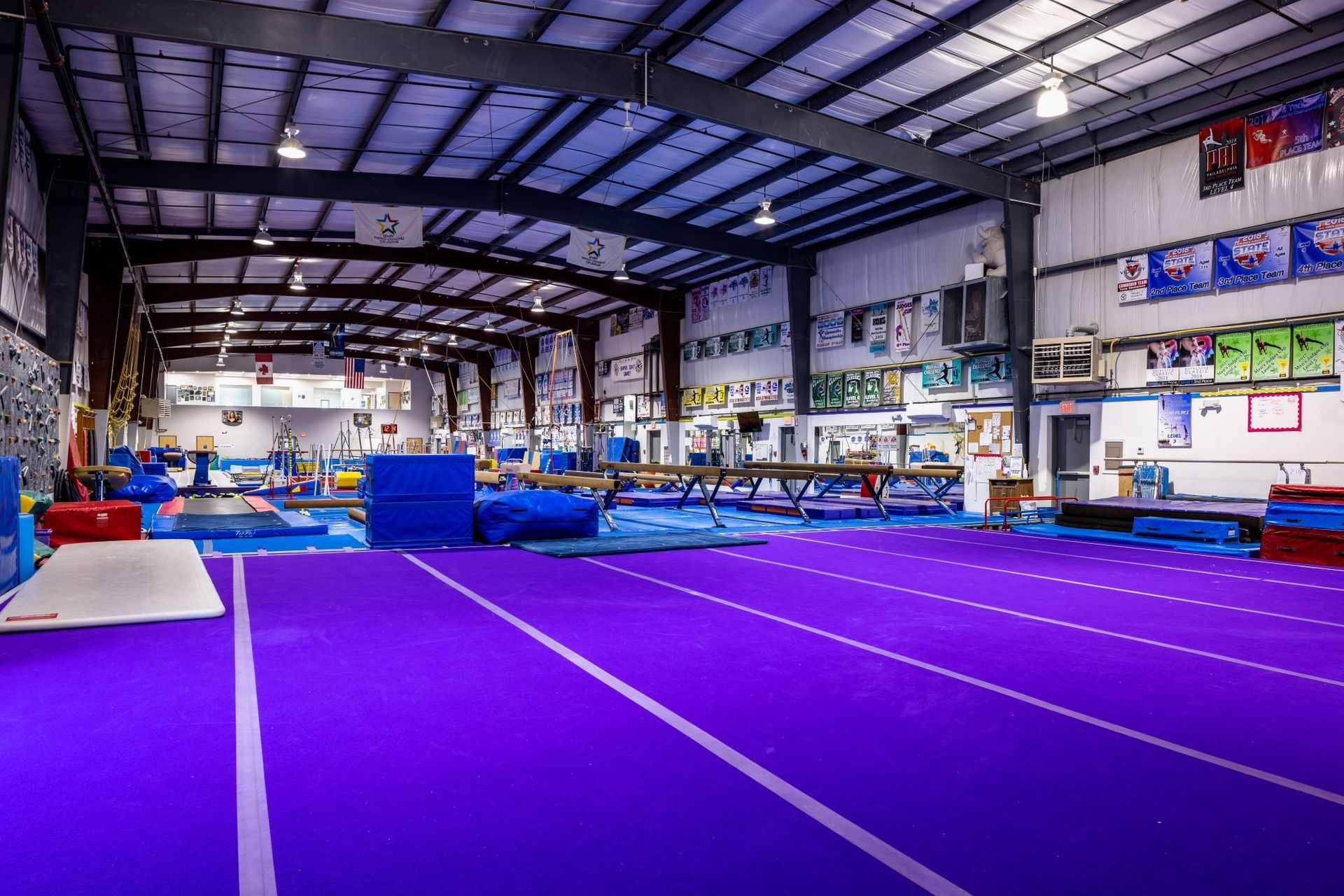 There is a purple mat in the middle of the gym.