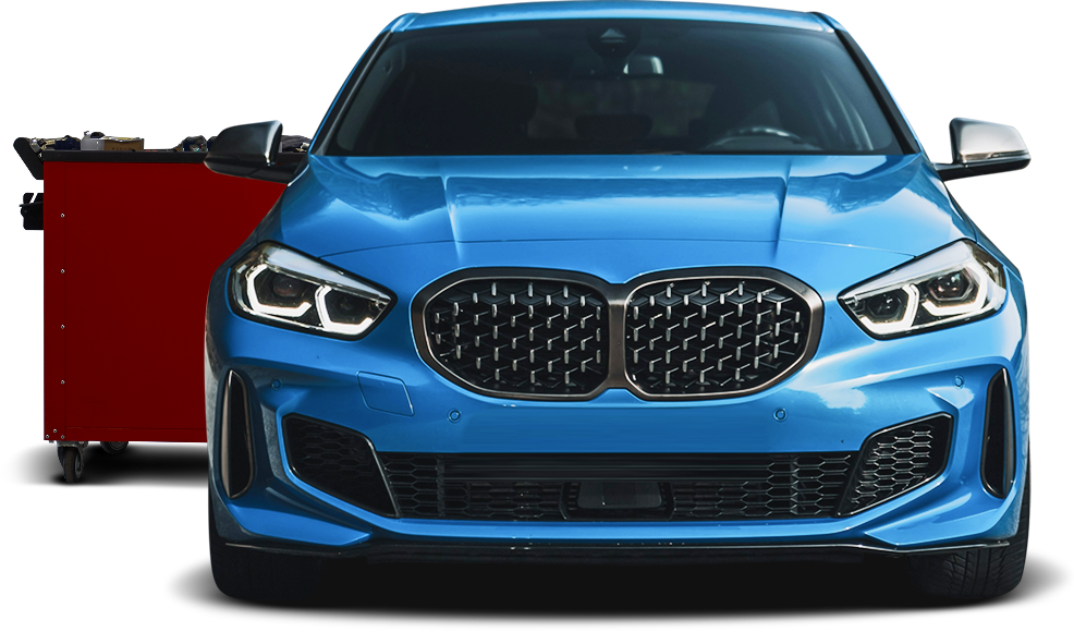 Blue BMW in front of a red tool chest. | Elite Automotive of Corpus Christi