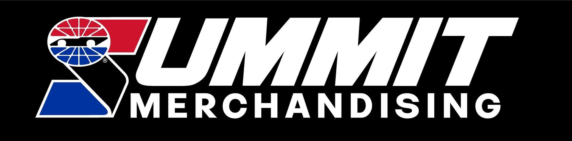 A logo for summit merchandising on a black background