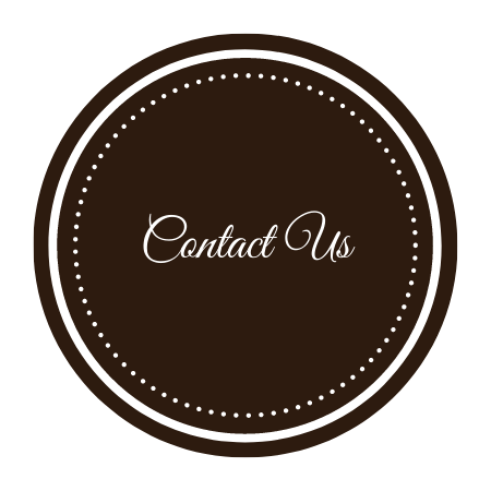 Brown circular “Contact Us” button with dotted border and white cursive text