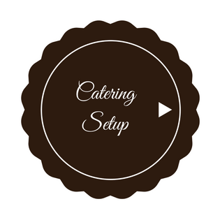 Brown circular catering setup badge with white script text and a right-pointing arrow