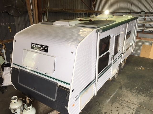 White and Grey Caravan With Green Trim — Darren's Caravan Repairs in Warners Bay, NSW