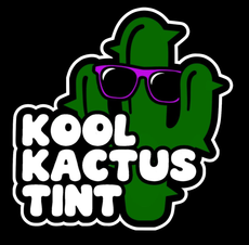 Green cartoon cactus wearing purple sunglasses, with the words "KOOL KAKTUS TINT" in white lettering.