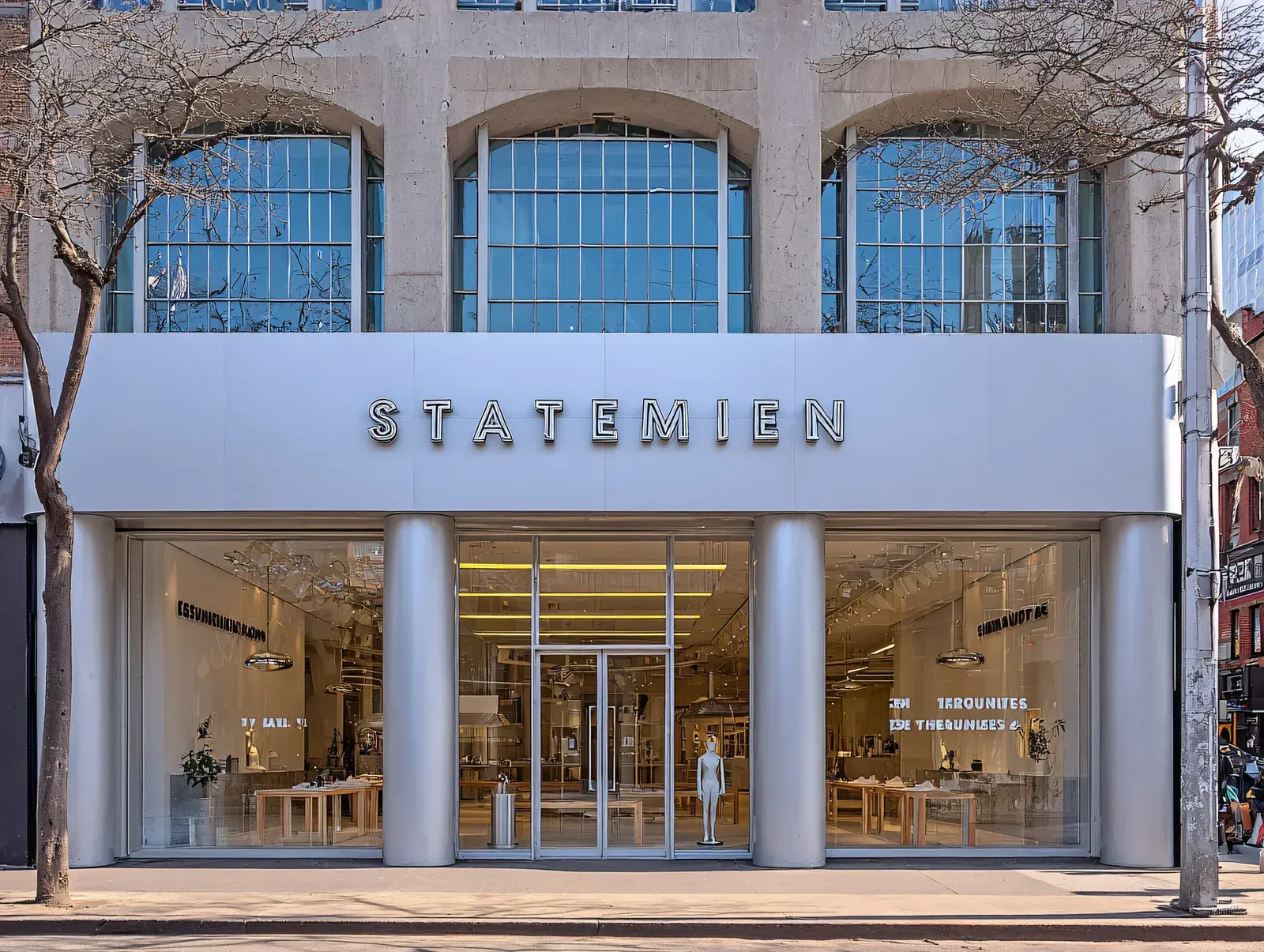 Storefront of "STATE ME N" with large glass windows and white facade.