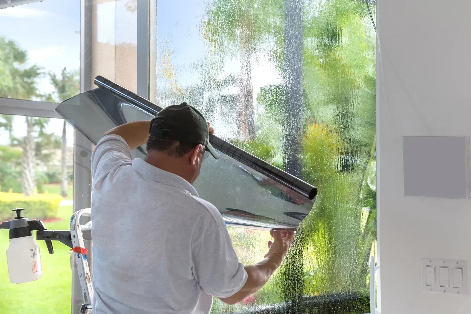 Person installing window tint on a large window with spray bottle and lush green background visible.