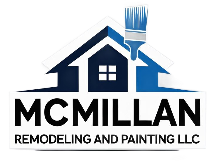 Logo for McMillan Remodeling and Painting LLC, featuring a house outline, paintbrush, and company name.