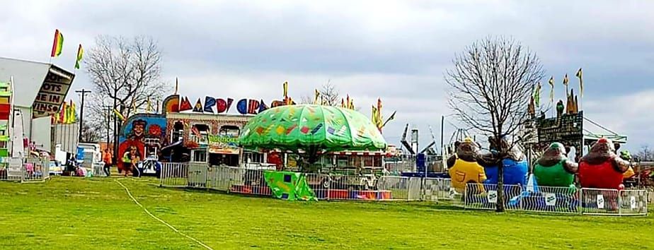 A carnival scene on a grassy field. Stalls and rides, colorful flags, and stuffed animals sit in front of a cloudy sky.