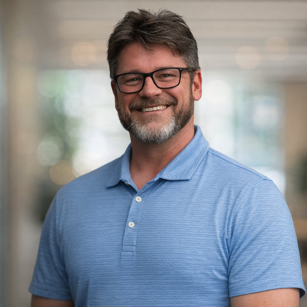 Man with glasses and beard, smiling, wearing a blue polo shirt, indoors, bright background.