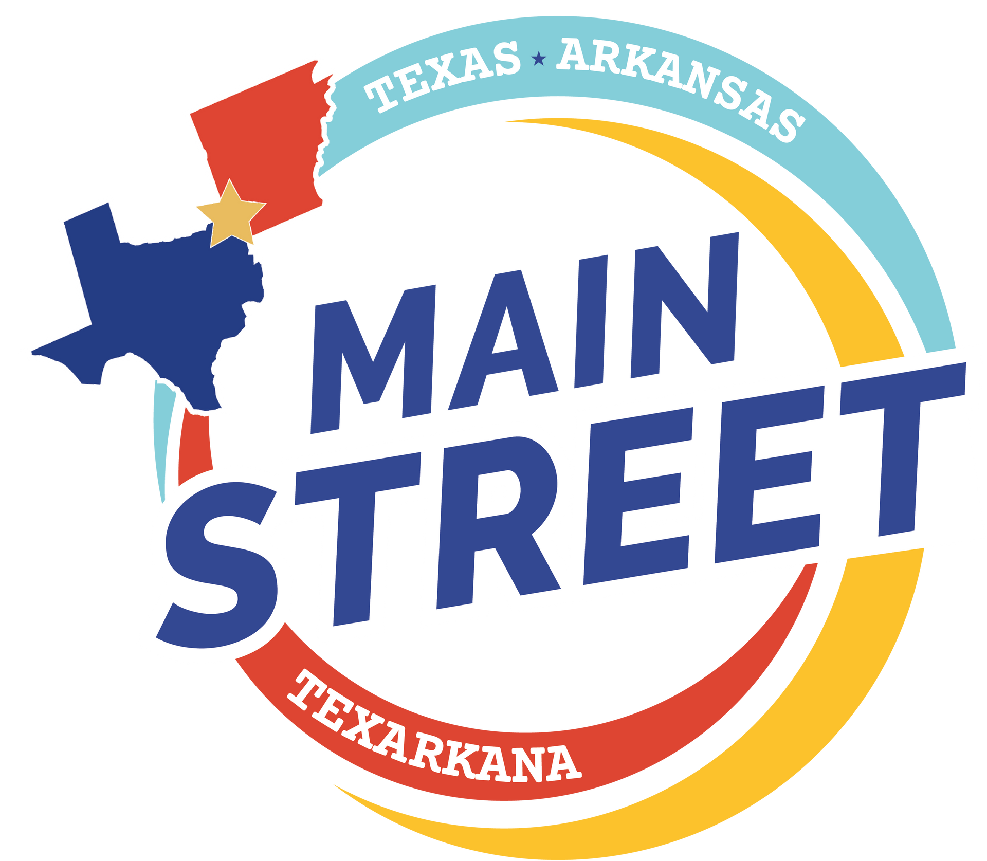 Main Street Texarkana logo. Blue Texas and red Arkansas outline within a multi-colored circular design.
