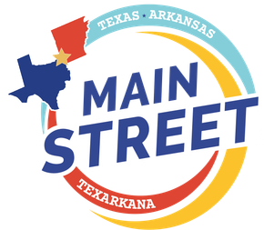 Main Street Texarkana logo. Features Texas and Arkansas shapes with text and a colorful arc.