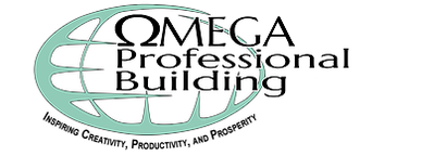 Logo: Omega Professional Building, globe with text