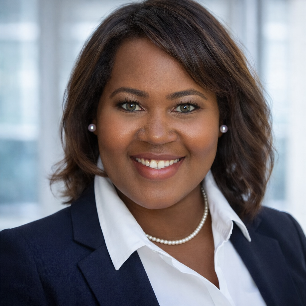 Woman in navy suit and white shirt smiles, wearing a pearl necklace and earrings.