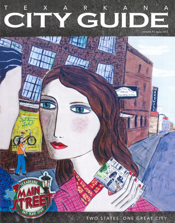 Texarkana City Guide cover: woman holding photo, street scene, 
