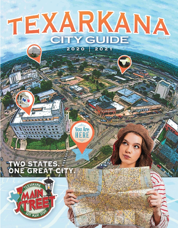 Texarkana City Guide cover: Aerial view, map-holding woman, buildings, two states tagline.