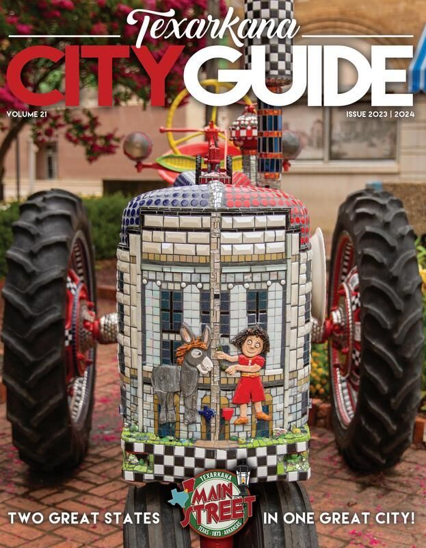 Texarkana City Guide cover features mosaic tractor with buildings, a child, and an donkey, with text 