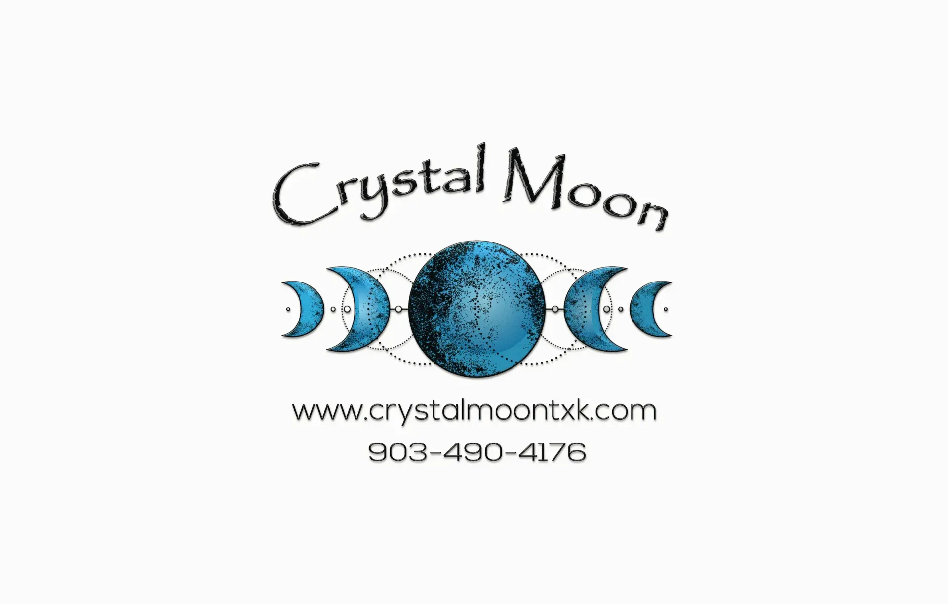 Crystal Moon logo: blue globe surrounded by crescent moons, with website and phone number.