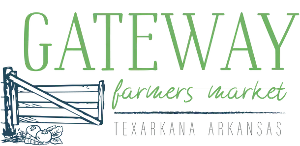 Logo for Gateway Farmers Market in Texarkana, Arkansas with a gate and fresh produce.