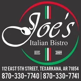Joe's Italian Bistro logo: white script on a dark background, with green and red accents, address and phone numbers.