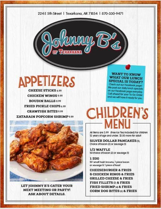 Johnny B's restaurant menu: appetizers, children's menu, and fried chicken.