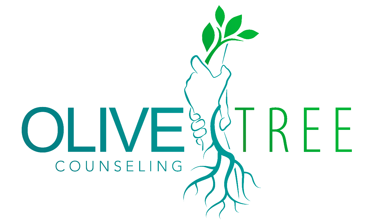 Logo of Olive Tree Counseling: hand holding seedling, forming tree with leaves. Teal and green text.