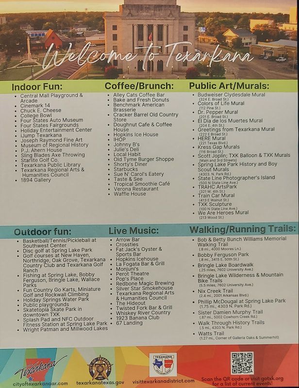 Flyer listing things to do in Texarkana, TX. Includes sections for indoor fun, coffee/brunch, public art, outdoor fun, live music, and trails.