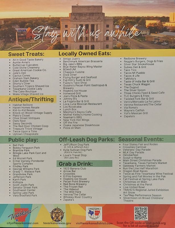 Flyer promoting local businesses with categories: sweet treats, antiques, public play, locally owned eateries, off-leash dog parks, seasonal events, and grab a drink.