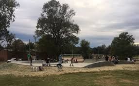 Skatepark with ramps, people skateboarding, and cloudy sky.