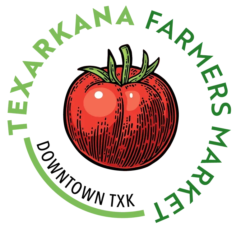 Texarkana Farmers Market logo with a red tomato and green text.