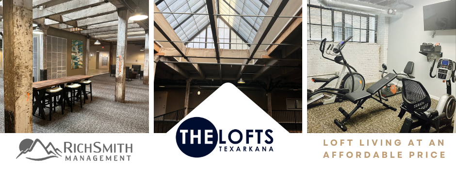 Photos of loft living spaces, featuring a long table with stools, skylights, and exercise equipment.