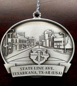 Ornament with engraved view of State Line Ave. in Texarkana, TX-AR.