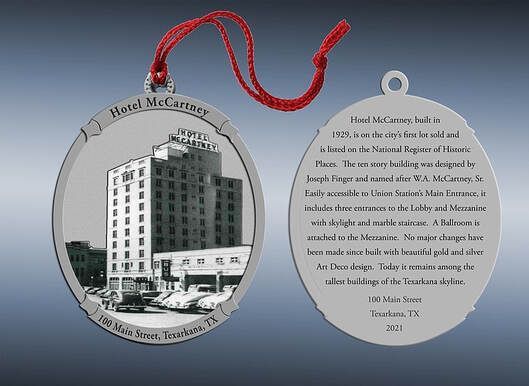 Hotel McCamey Christmas ornament with photo of building, text, and red string.