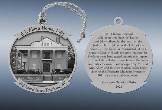 Ornament depicting the P.J. Ahern Home in Texarkana, Arkansas, with accompanying text describing the house's history.