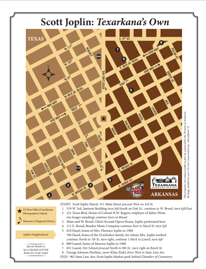 Click to download a pdf guide of the Scott Joplin Walking Tour Map of Texarkana with points of interest related to Scott Joplin, separated by Texas and Arkansas.