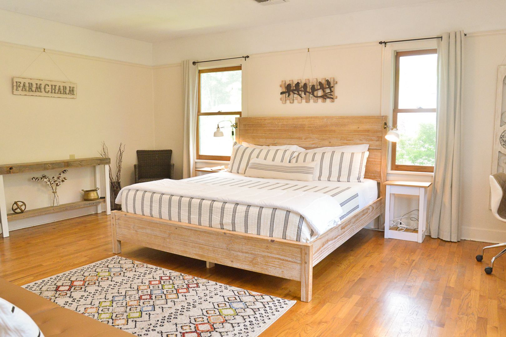 There is a large bed in the middle of the room.