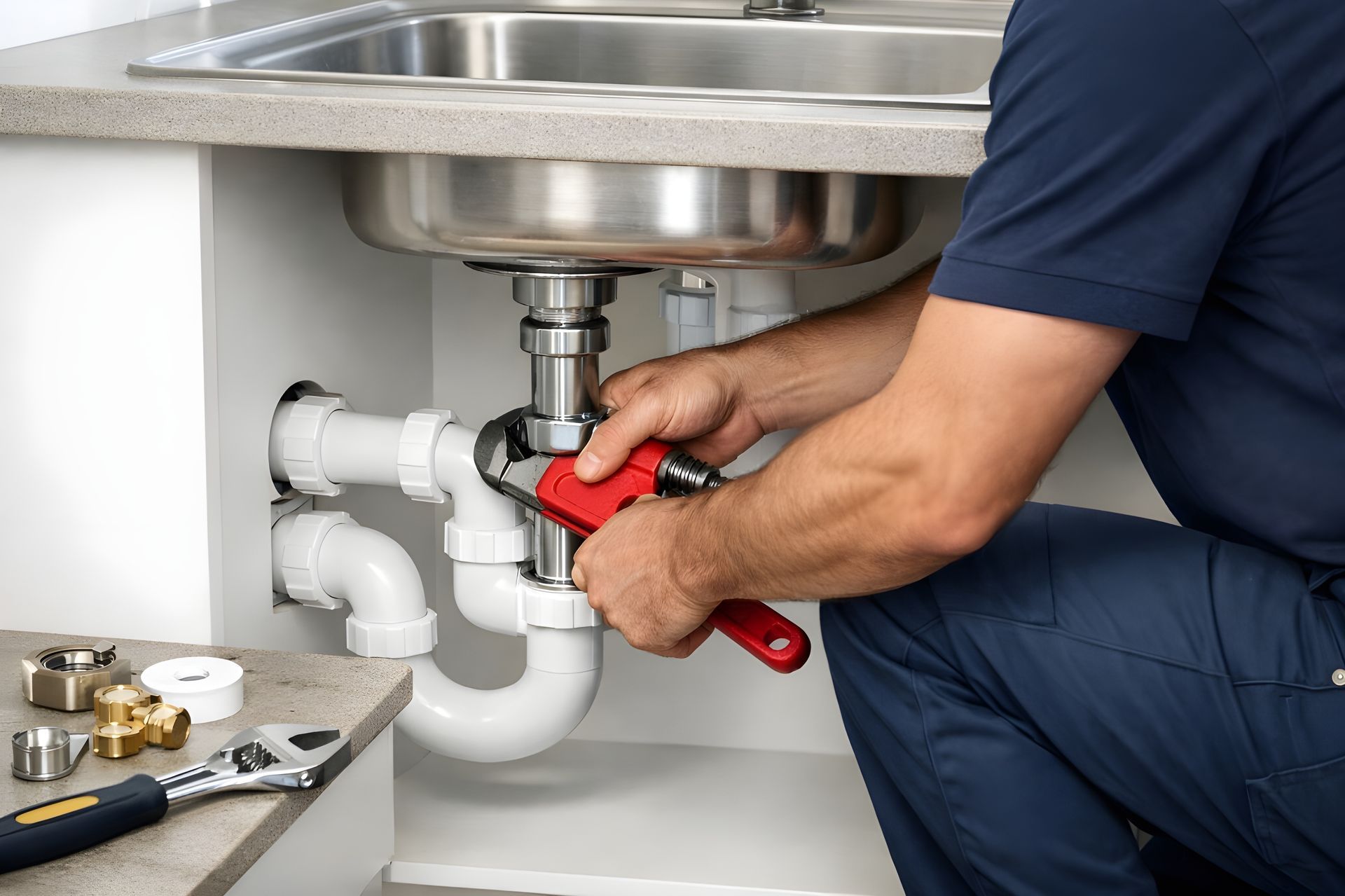 Person repairing kitchen sink drain with red pipe wrench under cabinet plumbing maintenance task.