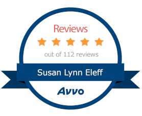 Susan Lynn Eleff Avvo reviews: 5 stars out of 112 reviews, blue banner, orange stars.