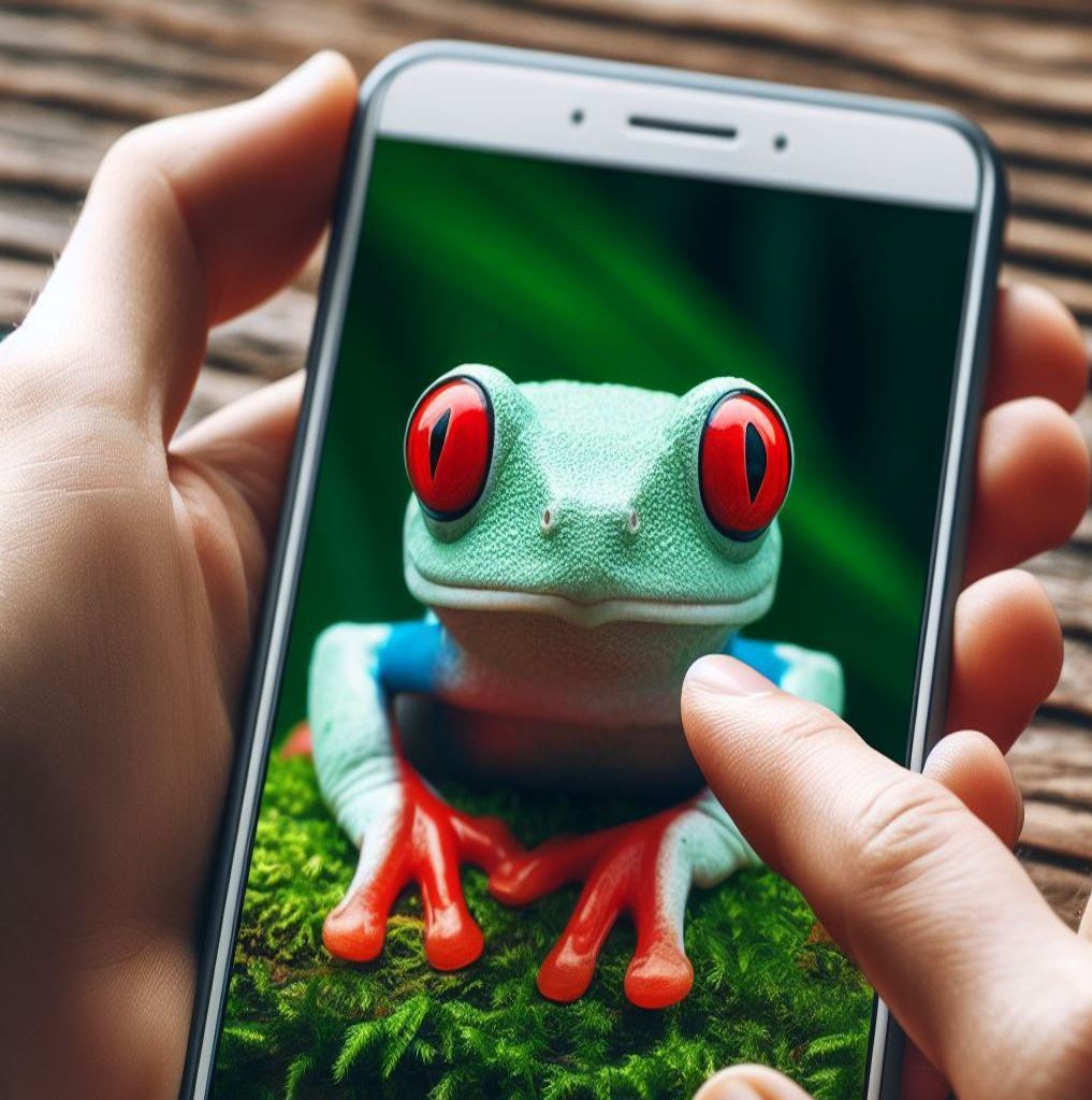 a person is holding a cell phone with a frog on the screen