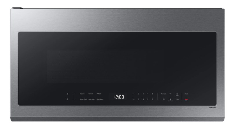 A stainless steel microwave oven with a black screen on a white background.