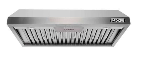 A stainless steel hood with a black grill on a white background.