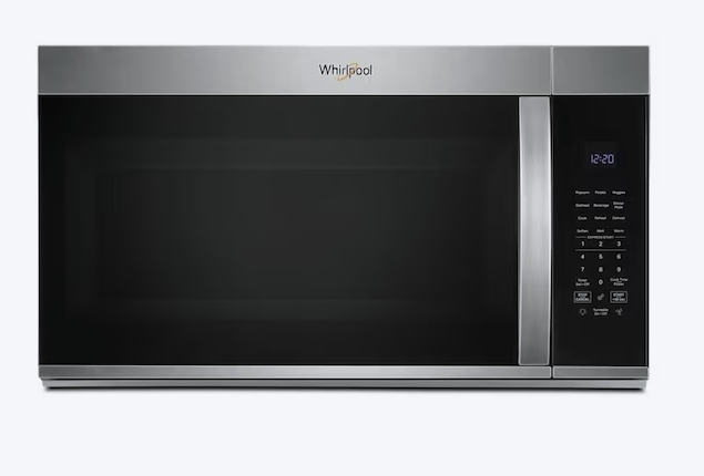 Stainless steel Whirlpool over-the-range microwave oven with digital display and control panel.