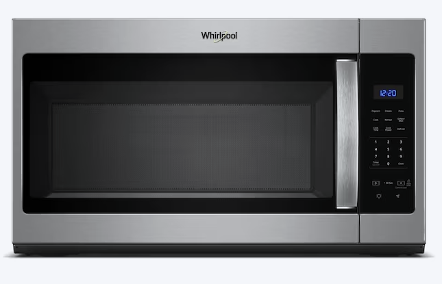 Stainless steel Whirlpool over-the-range microwave with black interior, digital clock, and control panel on the right.